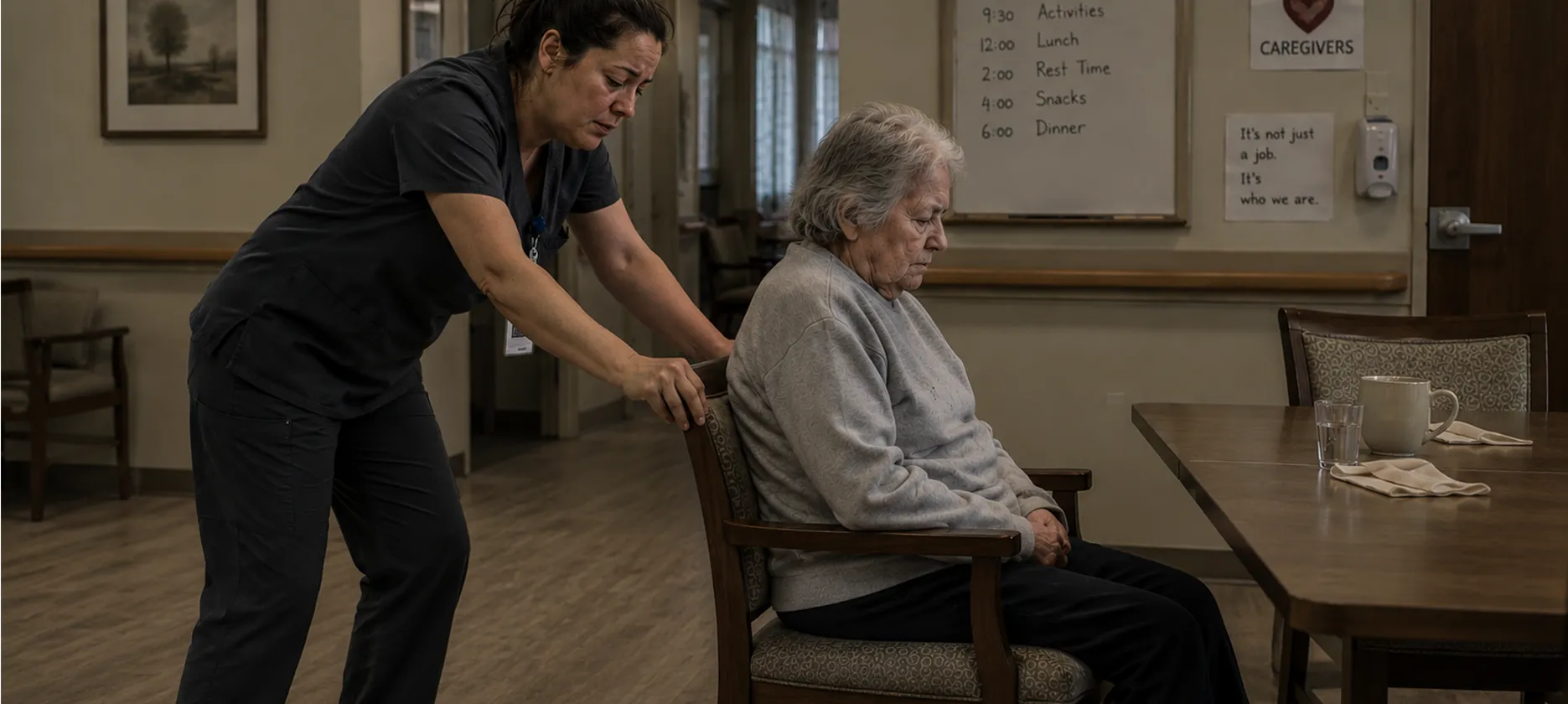 Fatigued caregiver pushing an elderly resident seated in a dining chair closer to a dining table in a long-term care home.