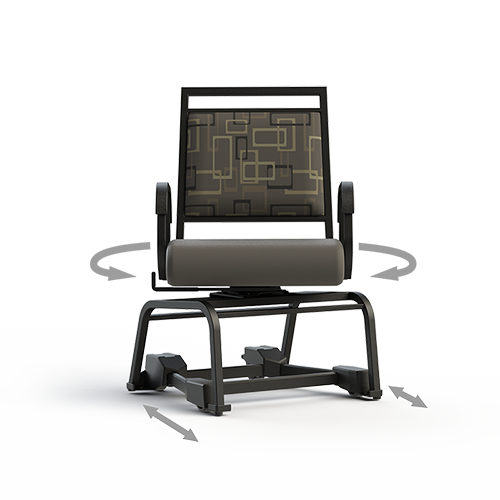 Class B semi-dependent seating system featuring a guided mobility chair with controlled rotational movement and stable positioning designed to eliminate trip hazards and support residents requiring occasional assistance.