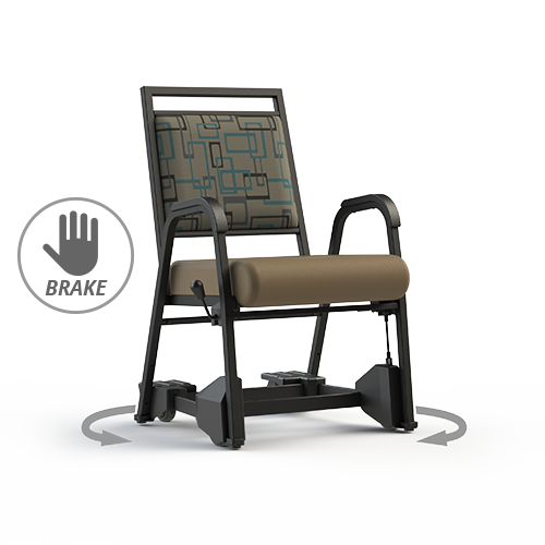 Class D self-care seating system with resident-controlled mobility, manual braking, and independent positioning designed to support safe movement and fall prevention.