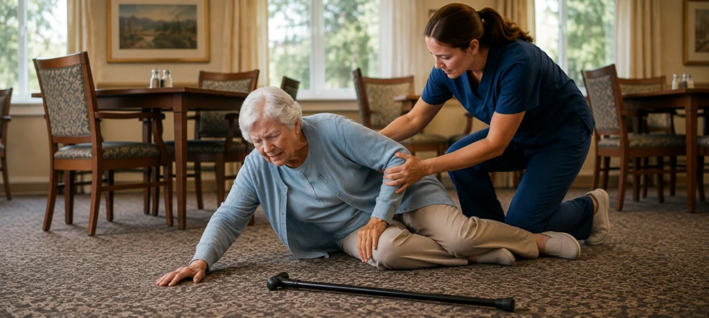 A female senior that has fallen. Care staff is helping.